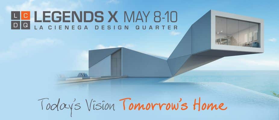 A promotional graphic for a design conference featuring an architectural model of a modern building with a futuristic design set against a