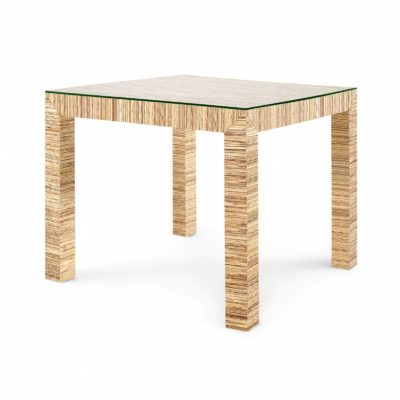 A modern minimalist side table with a unique design The table features a natural or white lacquered grasscloth top giving it an