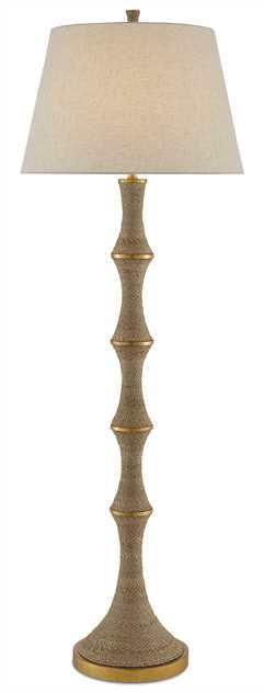 Fluted rope floor lamp with dark antiqued gold leaf accents and beige poplin cotton shade one 150 watt light a standard bulb