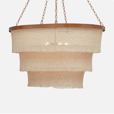 Oval three tier beaded chandelier with gold frame and ivory beads