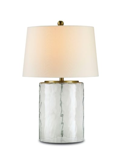 Wavy glass drum table lamp with polished brass accents and off white shade, one bulb with 150 watt max.