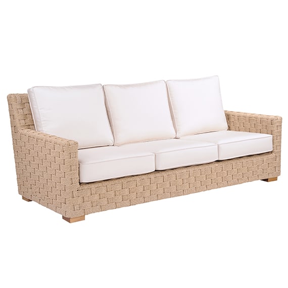 The image displays a wicker outdoor sofa with a white cushion and a wooden frame It is presented in a side view