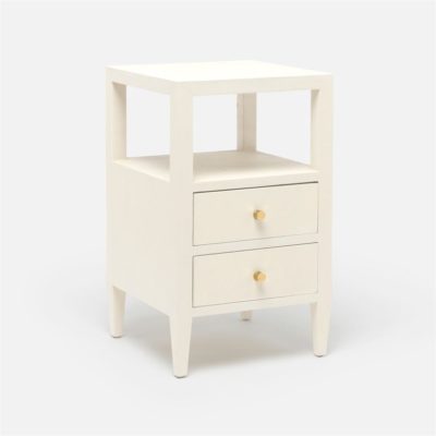 Small, light-colored wooden nightstand with two drawers against a white background.