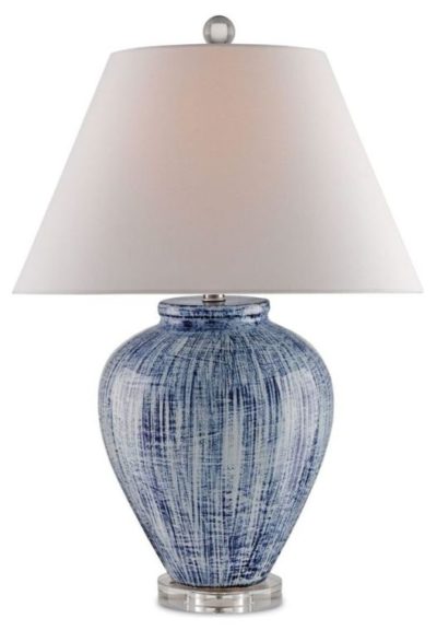 Blue and white wire brushed ceramic table lamp with acrylic base and white linen shade.
