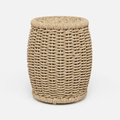 Tan wicker outdoor stool with a rope design, placed against a white background.