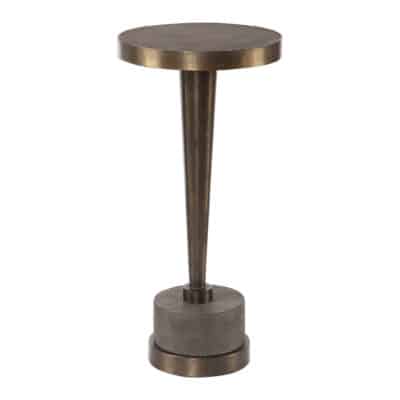 A small, modern side table with a black metal base and a grey concrete top.