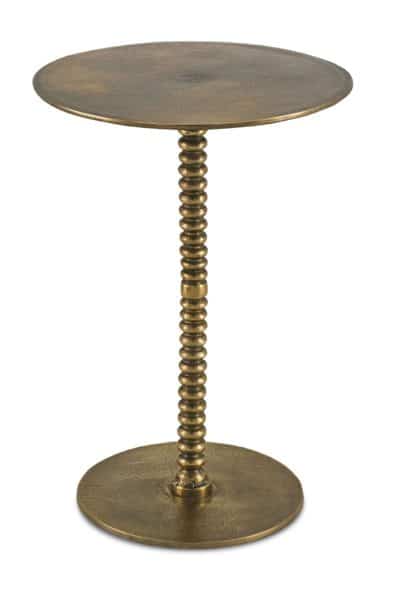 Brass-finished aluminum side table with a ringed column design.
