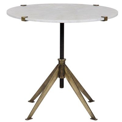 Large white quartz adjustable side table with antique brass base, standing on a tripod stand.