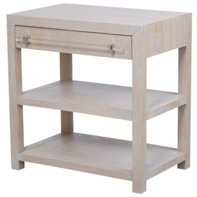 This is a wooden side table with one drawer featuring acrylic and nickel hardware It has three shelves each designed to hold