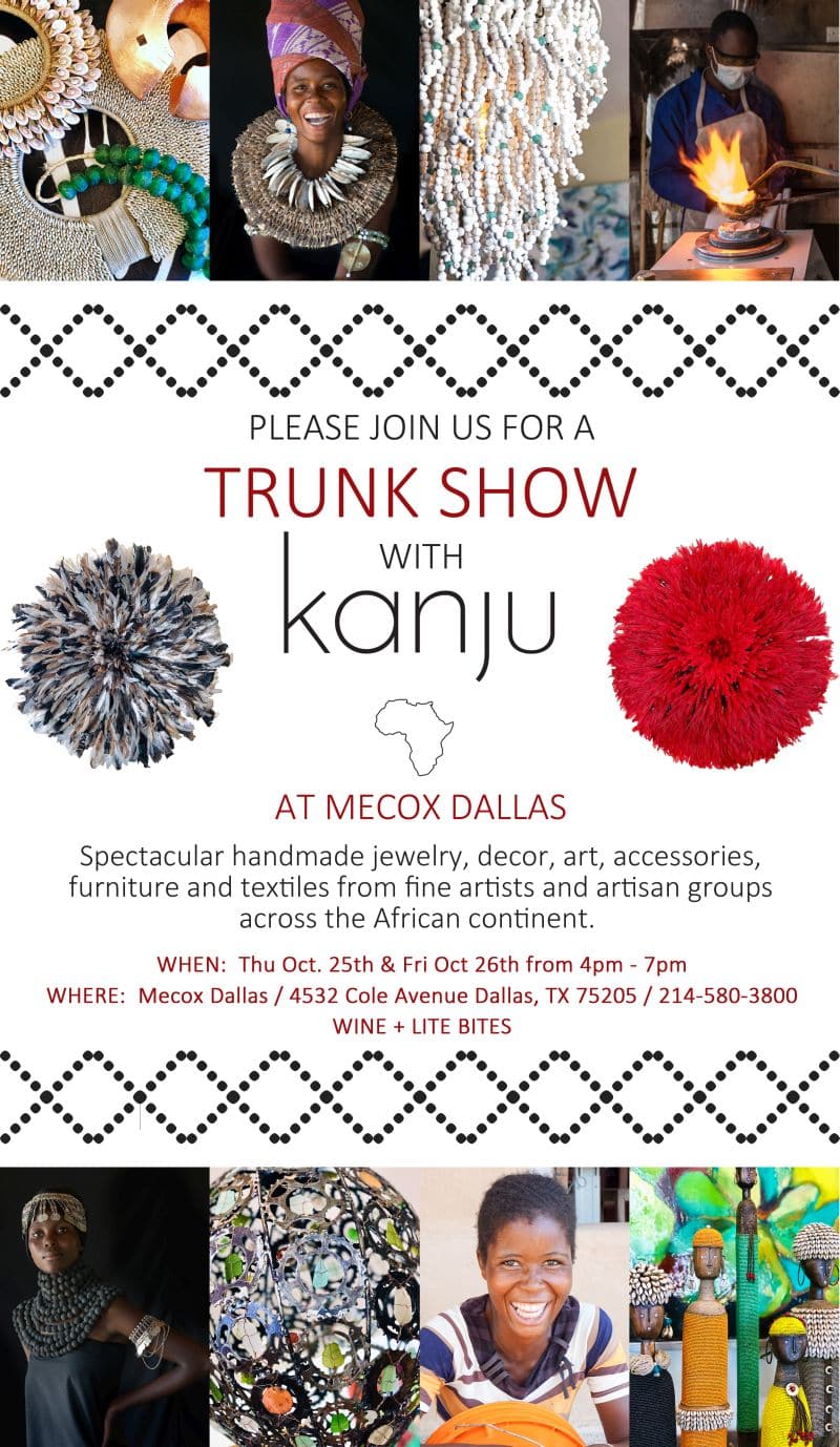 A poster for a trunk show with Kanju featuring an array of jewelry and accessories inviting guests to explore the unique and