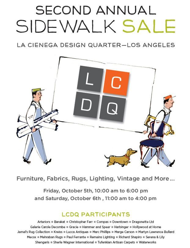 A poster for a sidewalk sale in Los Angeles featuring a man and woman walking past a sign with the letters LCDQ