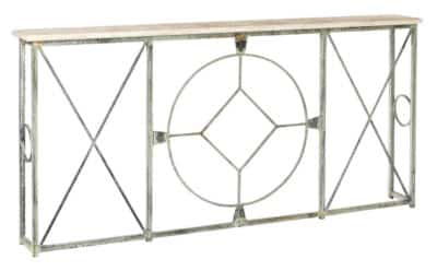 Metal console with a double X design and a circular medallion pattern on top featuring a deep ocean finish with a light
