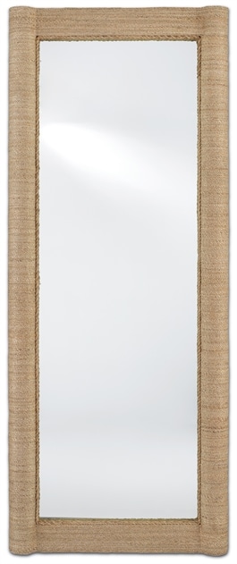 Vila Abaca Rope Floor Mirror with a woven frame and a rope handle, showcasing its design and texture.