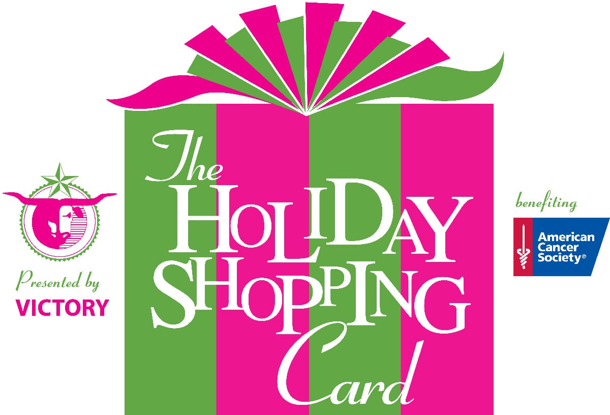 Holiday shopping card with a gift bow and the American Cancer Society logo, presented on a pink background with white text.