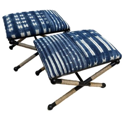 Indigo upholstered stool with rustic iron frame, side profile