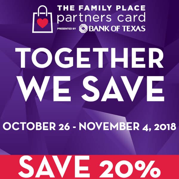 A purple banner with white text prominently displays THE FAMILY PLACE PARTNERS CARD and TOGETHER WE SAVE Below this there s a