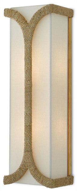 Wall sconce with gold leafed frame and linen shade.