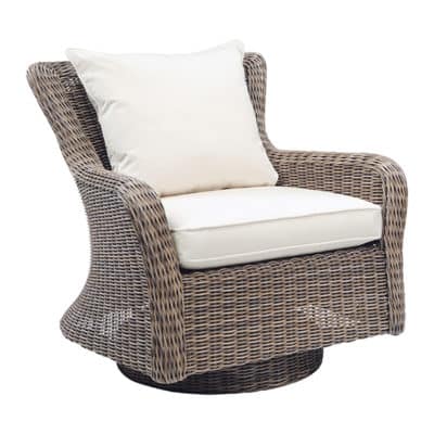Outdoor wicker swivel rocker lounge chair with cushions upholstered in sunbrella outdoor fabric priced in grade a fabric additional fabric options available