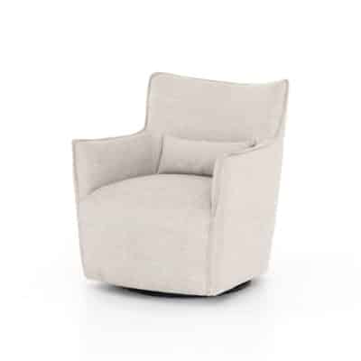 Modern Kelsey Swivel Arm Chair in Platinum Upholstery Barrel Shape with Flange Seam Detailing Petite Lumbar Cushion Arm Height from Floor 24