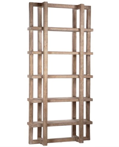 A Hans Reclaimed Wood Bookcase, showcasing its light white wash sealed finish in an elegant side profile view.
