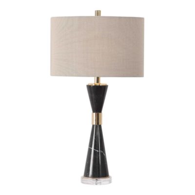 Mid-century style black marble hourglass table lamp with a beige linen oval drum shade and gold plating accents.
