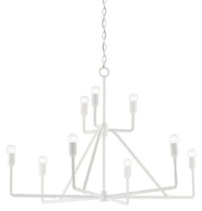 White chandelier with nine lights each encased in a white globe and hanging from a central white structure supported by multiple thin