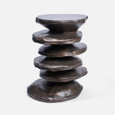 Three-tiered stacked resin side table with irregular forms, available in antiqued bronze resin, aged gold resin or flat white resin.