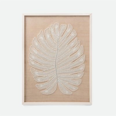 The image displays a piece of wall decor featuring an intricate handcrafted tropical leaf design This artwork is made from abaca material