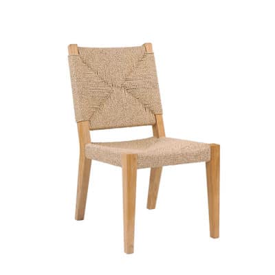 Outdoor teak and rope dining side chair with woven all weather rope cushioning, suitable for outdoor use.