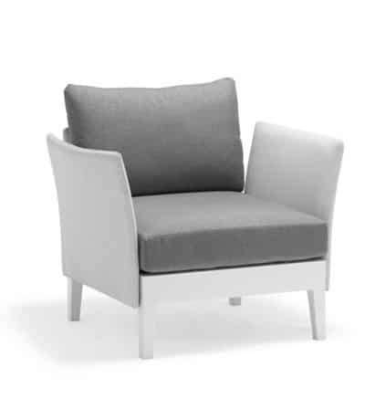 Grey outdoor armchair with aluminum frame and batyline seat cushion