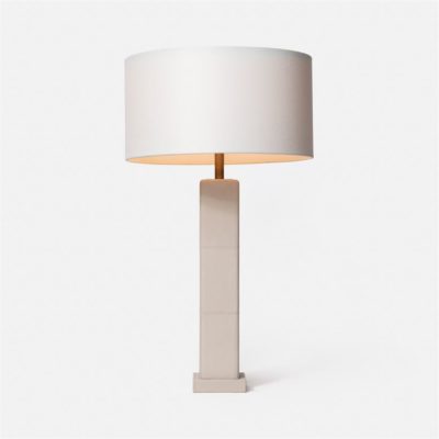Retro leather pillar lamp with a modern design, featuring a cylindrical base and a white shade.