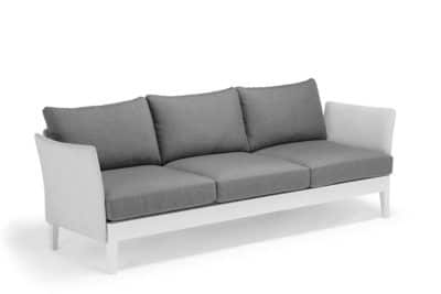 Grey outdoor sofa with aluminum frame and batyline seat and back cushion in canvas granite, available as loveseat and armchair.