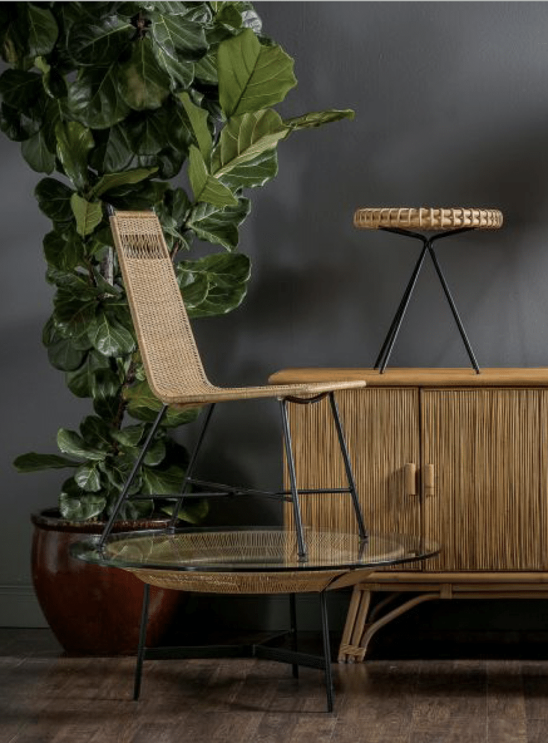 A wicker chair with a metal frame, positioned next to a plant in front of a gray wall.
