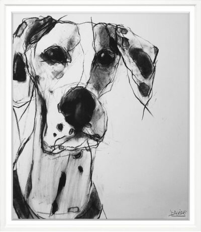 Stylized black and white dog portrait in a thin, contemporary white frame.
