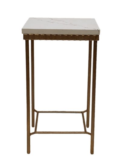 Textured gold and stone side table with a white marble top, standing on four legs against a white background.