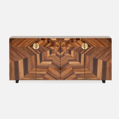 Large Willem Banana Bark Buffet with geometric design and split leaf hardware adjustable interior shelf available in various colors including beiges browns