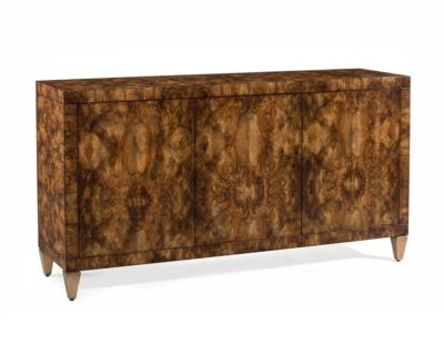 Newman Walnut Buffet with gold tapered legs, three cabinets, European walnut finish