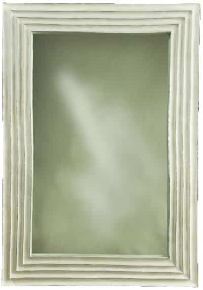 A rectangular white quartet resin mirror with a beige frame, showcasing its design and texture against a neutral background.