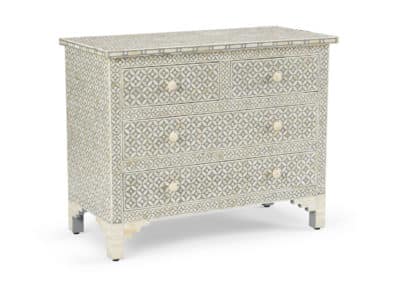 Aga White and Grey Geometric Chest, three drawers, inlaid bone geometric pattern, one in Palm Beach