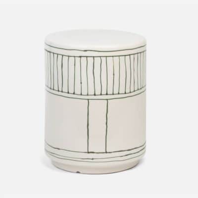 White ceramic stool with a greenish black matte finish featuring a simple design with straight lines and a flat top set against