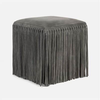 Fringed Suede Ottoman in Slate color, showcasing its tufted design and texture.