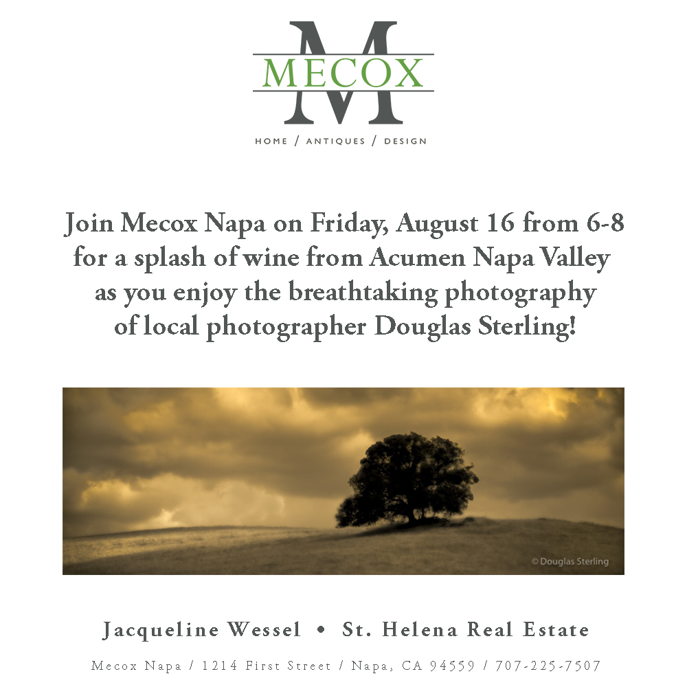 A promotional flyer for a photography event at Napa Valley featuring an image of a tree and sky with a tagline about