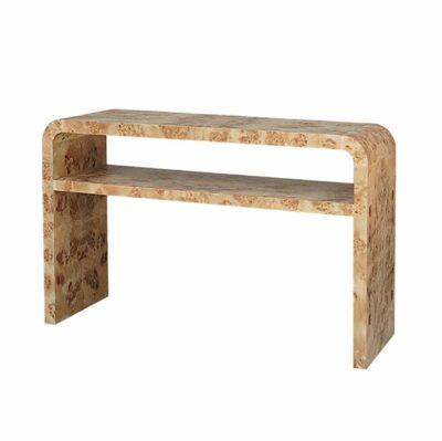 Waterfall Edge Burlwood Console in Light Burlwood, Two-Tier Design