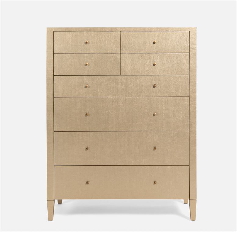 Gold Hilton Tallboy Faux Raffia Dresser with 8 drawers, available in various styles and colors.
