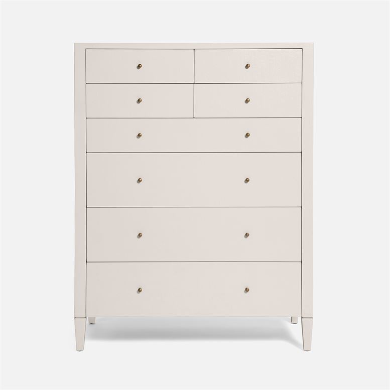 White Hilton Tallboy Faux Raffia Dresser with eight multi-sized drawers available in various finishes including pristine white champagne French gray off white