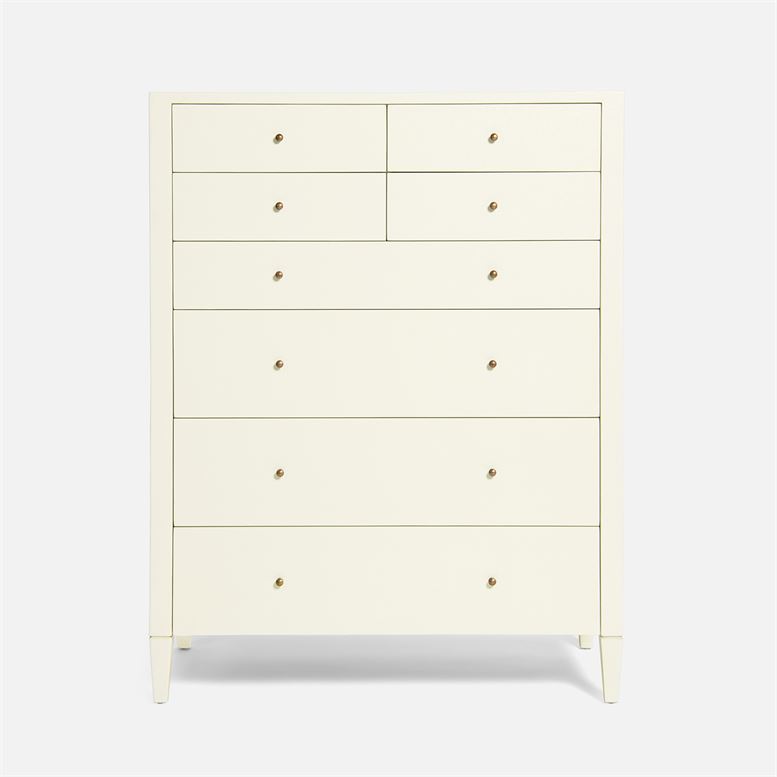 A white Hilton Tallboy Faux Raffia Dresser with eight drawers, presented in a side view.