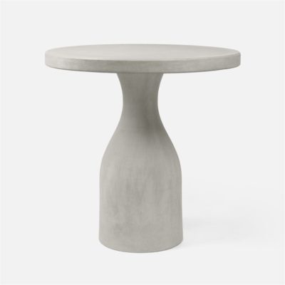 A modern light gray pedestal bar table with a curved design suitable for outdoor use It is available in other configurations and