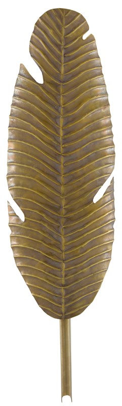 Brass finished palm leaf wall sconce, decorative illumination fixture with golden hue and detailed leaf design.
