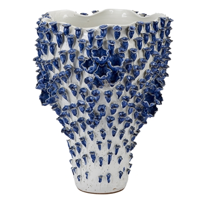 Large blue and white ceramic vase with intricate design