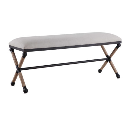 Rustic iron frame bench with a beige cushion and rope trim.